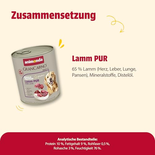 animonda GranCarno Hunde Nassfutter Single Protein Lamm pur (6 x 800g), getreidefreies Hundenassfutter ohne Zucker, für ausgewachsene Hunde, mit frischem Lammfleisch und -Innereien