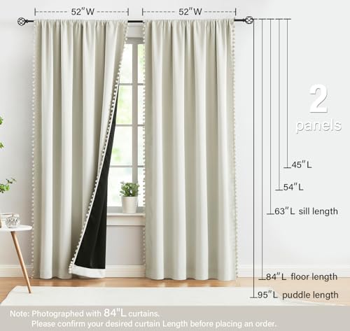 Image of Treatmentex Full Blackout Curtains for Bedroom Natural Ivory Pom-Pom Thermal Insulated Window Drapes 63inch Length Curtain Panels for Kids Guest Room Hotel 52 inch Wx 2pcs Beige Rod Pocket