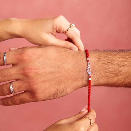 Image of ZAVYA 925 Pure Silver Infinity Bro Mauli Rakhi for Brother | CZ Premium Silver Bracelet for Bhaiya | Rhodium Plated Designer Raksha Bandhan Gift | Rakhi Set with Certificate and Roli Chawal