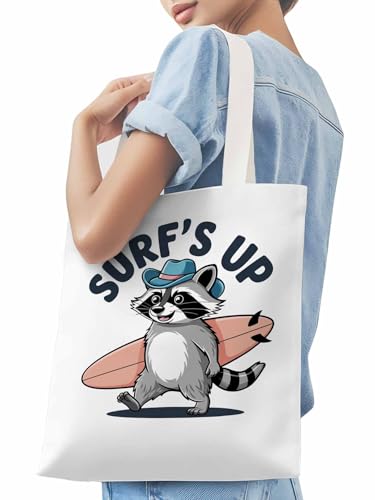 Canvas Tote Bags,Grocery Shopping Cloth Bag Small Raccoon Surfing Reusable Shoulder Bags Tote Bag for Travel Work Gym3