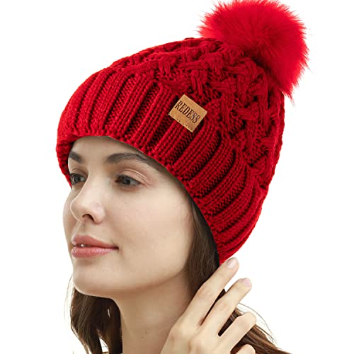 REDESS Women Winter Pompom Beanie Hat Fleece Lined Warm Hats, Thick Slouchy Snow Knit Crossed Cap for Ladies