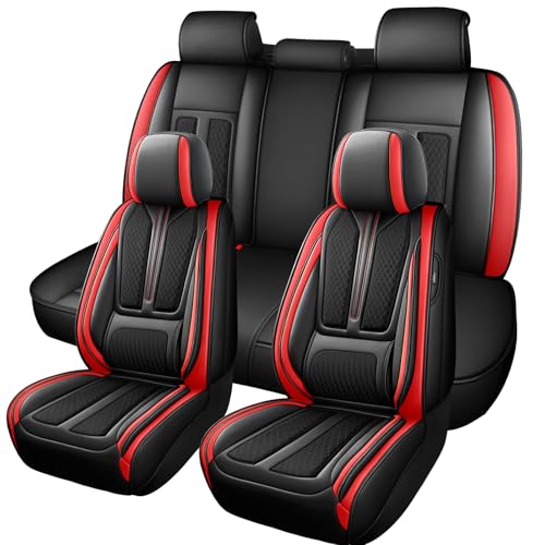 Image of Seat Covers Full Set,Nappa Leather Car Seat Covers for Front and Back,Waterproof Universal Fit Car Seat Cushion,Automotive Seat Protector for Most Sedans SUV Pick-Up Truck Sedans,Black&Red