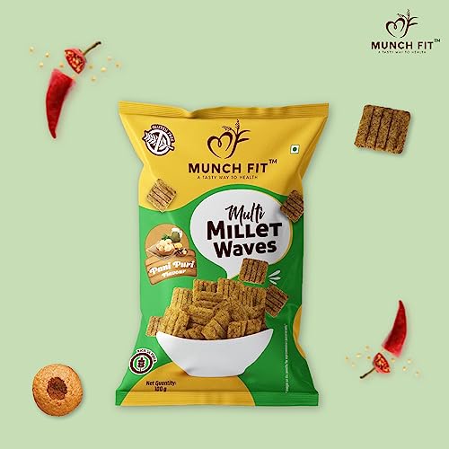 Image of Munch Fit Healthy & Tasty Pani Puri Flavour Millet Snacks | Millet Waves | Roasted, Healthy & Tasty Snack for Office Party Snack | 100% Veg, High Fibre, Gluten Free, Non Fried | Pack of 8x50g each