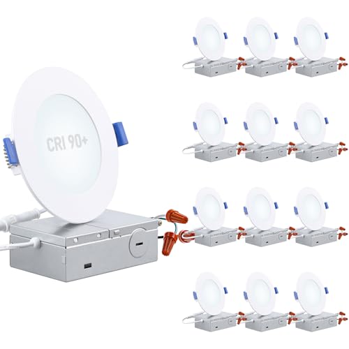 TORCHSTAR Basic Series 12-Pack 4 Inch Ultra-Thin LED Recessed Lighting with Junction Box, CRI...