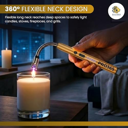 Image of PRO365 USB Rechargeable Electric Candle Lighter | Windproof Arc Lighter with 360 Flexible Neck | Safety Lock & LED Indicator | Flameless Kitchen & Outdoor Gas Lighter(Gold)