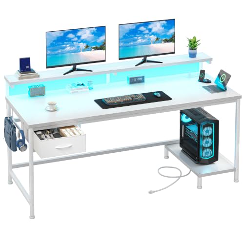 Image of DurayLoly 47.2 inch Computer Desk with Power Outlet & Fabric Drawer,White