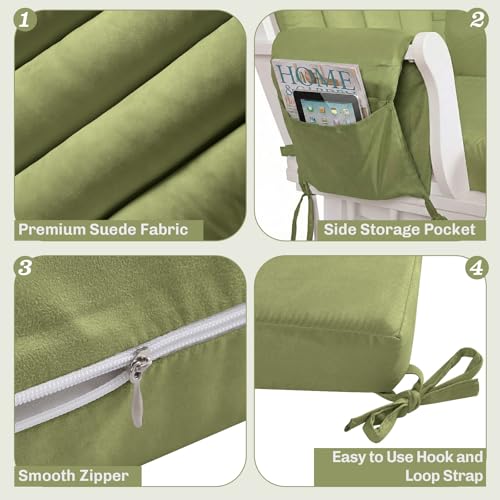 Image of 5PCS Suede Glider Rocker Replacement Cushions with 29.5 inch High Backrest & Side Pockets, Thickened Soft Glider Rocking Chair Cushions with Ottoman Cushion for Indoor Nursery Rocking Chair, Green