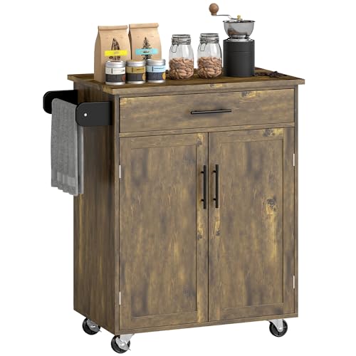 HOMCOM Kitchen Island Cart, Rolling Island Table with Solid Wood Top, Trolley Cart with Drawer, Storage Cabinet & Towel Rack, Rustic Brown