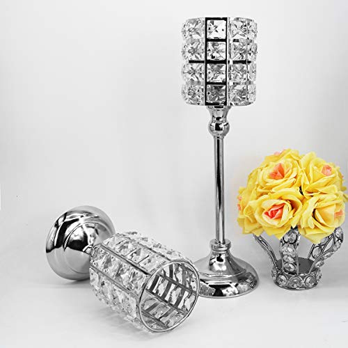 Gold Fortune Crystal Candle Holders Stand Coffee Table Living And Dinning Room Candlestick Centerpieces Set Gifts For Thanksgiving Birthday Housewarming (13.78" And 13.78", Silver) #TOP4