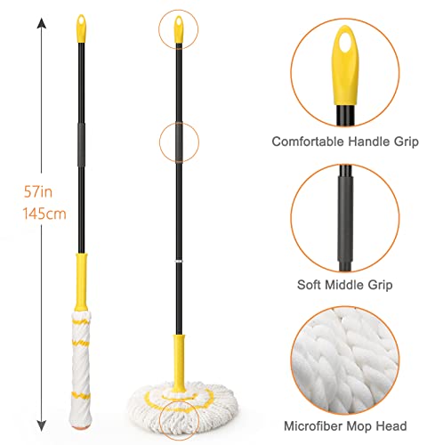 Image of Self-Wringing Twist Mops with 1 Extra Refill, Microfiber Mops for Floor Cleaning with 57 inch Long Handle, Easy Wringing Floor Mop for Hardwood Commercial Household Clean (1 Handle & 2 Mop Heads)