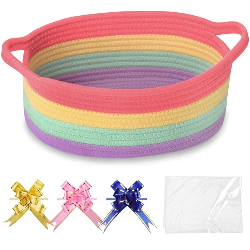 COMSE Small Woven Basket with Gift Bags and Ribbons Gift Basket Empty Cotton Rope Storage Organizer Baby Toy Box with Handles 12 x 8 x 5 Rainbow