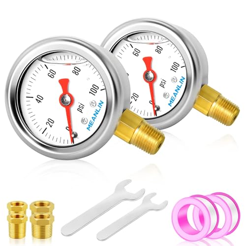 MEANLIN MEASURE 2pcs 0~100Psi Stainless Steel Liquid Filled, 1/8" NPT 1.5" Glycerin Filled Pressure Gauge, Water Oil Air, Lower Mount, with 1/4" NPT and 3/8" NPT Hex Bushing