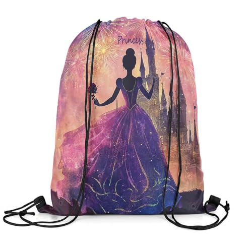 Image of jejeloiu Princess Drawstring Backpack 13x15.7inch Castle Print Waterproof Gym Drawstring Bags Romantic Sports String Backpack Beach Swim Travel Bag Sackpack