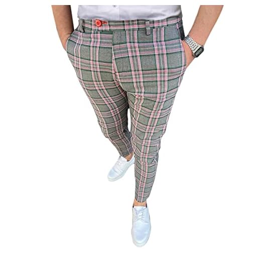 Tomwell Pantalons Homme Décontracté à Carreaux Pantalon Classique Slim Pantalon Vintage Homme Taille Haute Pantalon Chino Rose M