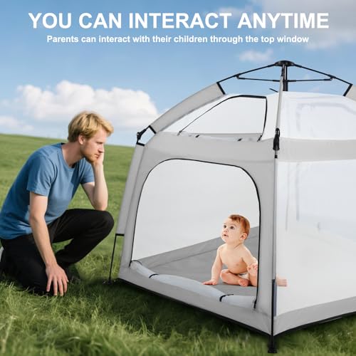 Image of Bend River Baby Playpen with Canopy, Square Toddler Beach Tent (Grey) | Portable Infant Play Yard, Mosquito Net, Indoor and Outdoor, Instant Installation, Pop Up, Travel Bag