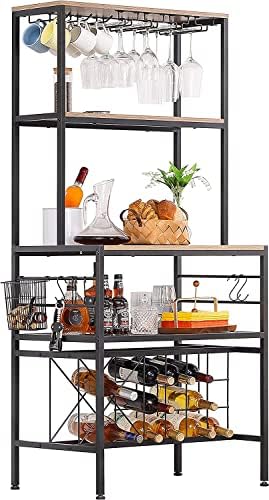 Coffee Bar Cabinet with Glass Holder,Wine Rack Freestanding Floor,Wine Rack Table with Mug Rack and Bottle Holder, Floor Liquor Wine Cabinet Storage, Multi-use Bar Cabinet for Home Kitchen Dining Room