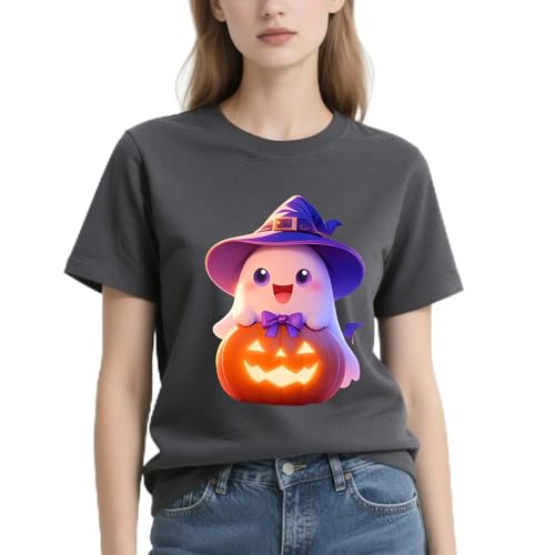 IRUD Halloween Shirts for Women - Pumpkin Ghost Wizard Hat Pattern Round Neck Short Sleeve