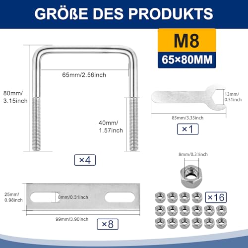 Bügelschraube Mit Gewinde M8 Vierkant-U Bügel 65mm x 80mm U-Bolzen 4Stk Mit 16 Muttern und 8 Gegenplatte U Schrauben Bügelbolzen Für Abschleppen Von Autos Schiffen Reparatur (M8 65x80mm)