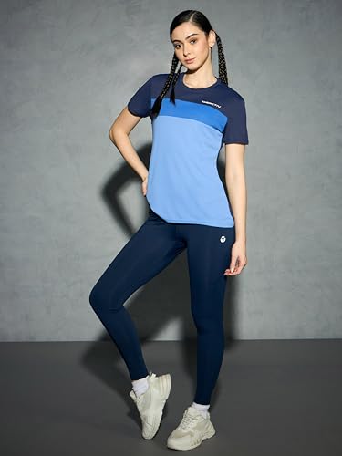 Image of TECHNOSPORT Womens Slim Fit Half Sleeve Color Block T-Shirt with Anti Microbial, Techno Dry porperties for Yoga, Sports, Gym & Regular Use