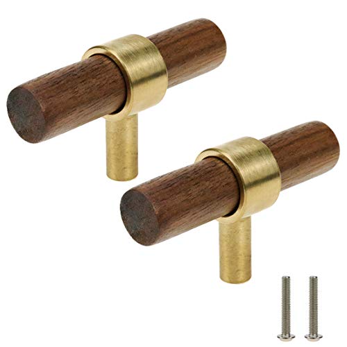 Tsnamay Drawer 2.36"/60mm Pulls Brass Walnut Kitchen Wardrobe Cabinet Hardware Pull Handle Single Hole with Screw, 2Pcs