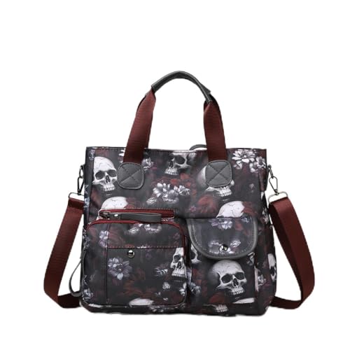 Sac fourre-tout imprimé tête de mort pour femme - Portefeuille gothique Y2k - Sac à main à bandoulière avec fermeture éclair, C-rouge