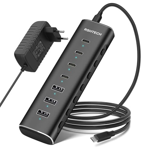 RSHTECH Hub USB 3.2/USB-C Alimentado de 7 Puertos 10Gbps con 4 Puertos USB-C 3.2 y 3 Puertos USB-A 3.2, Cable de 3.3 Pies y Adaptador de 36W (12V/3A), USB Hub Aluminio para Laptop, RSH-H7C4