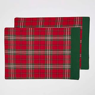 HOMESCAPES - Christmas - Placemats - 2 Pc Set - Edward Tartan Check - X Mas design - 100% cotton - White Green and Red Colour - Washable at Home