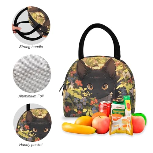 Black Cat in Flowers Print Backpack Set with Lunch Bag, Large Capacity Travel Backpacks and Lunch Box Insulated for Commute Hiking Picnic4
