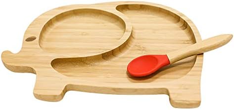 Homevibes Elephant Baby Suction Plate and Spoon Set, Silicone & Natural Bamboo Toddler Feeding Training Plate with 7 Colors (red)