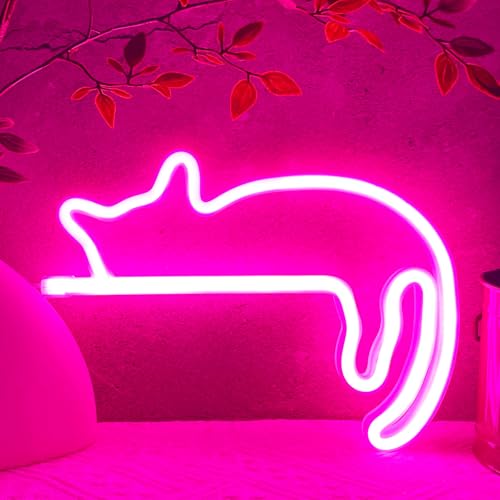 HOHOSIGN Cat Neon Sign Classroom Lazy Cat Neon Light Decorations Pink Cat Room Wall Decor Themed Stuff, USB/Battery Operated LED Laying Lying Cat Neon Sign Night Light Lamp for Bedroom Gift Christmas