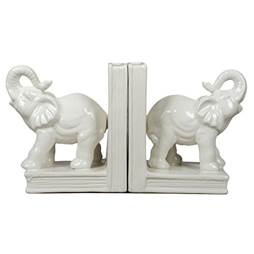 White Glazed Ceramic Elephants Bookend Set #TOP2