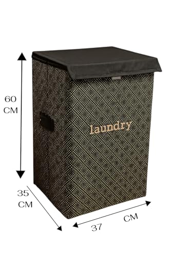 Image of QUAIL 75L Foldable Laundry Basket with Lid for Clothes | Large Fabric Laundry Storage Bin with Handles | Waterproof, Collapsible Laundry Hamper for Bedroom, Bathroom & Home Use (Black Pattern Design)