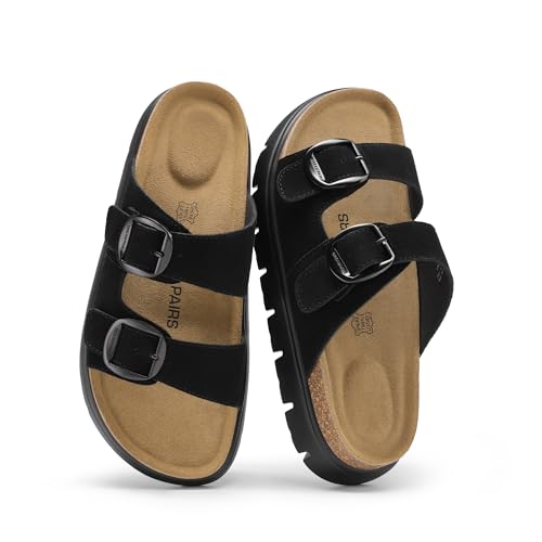 DREAM PAIRS Women's Platform Sandals Wedge Chunky Heel Slip-on Comfort Slides with Arch Support Cork Footbed Adjustable Buckle Summer Slide Sandals,Size 8,Black,SDSS26007W