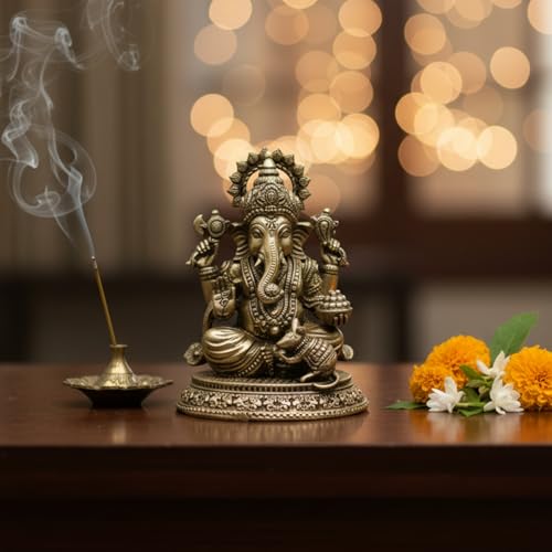 Image of eCraftIndia Golden Brass Lord Ganesha Idol for Home Living Room Office