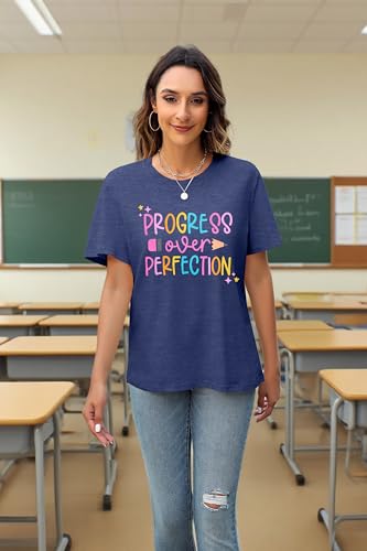 LUKYCILD Teacher Shirt Women First Day of School Shirts Progress Over Perfection Tee Casual Teacher Life Short Sleeve T-Shirt2
