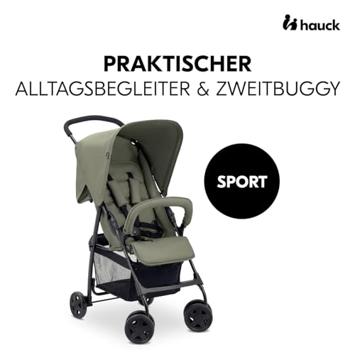 hauck Buggy Sport, Olive - Federleichter Reisebuggy 5,9 kg - mit Liegefunktion für Kinder ab Geburt bis 15 kg - Klein Zusammenklappbar, Großer Einkaufskorb bis 3 kg