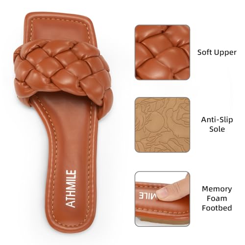 Image of ATHMILE Braided Womens Sandals 2026 Square Open Toe Fashion Slide Sandals | Women Summer Flat Sandals,Soft Leather,Slip on Shoes,Dressy,Causal,Beach,Vocation,Size 6-11
