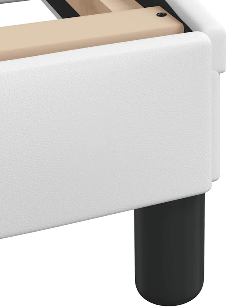 Queen Bed Frame White Faux Leather with Solid Pine Wood and Metal Platform Foundation, Sturdy Slatted Mattress Support for Modern Bedroom