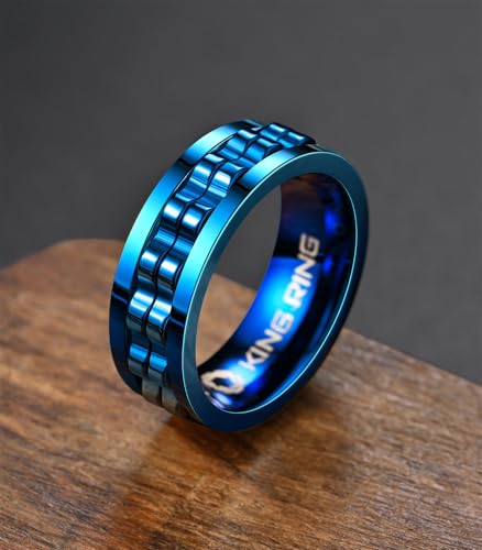 King Ring 8mm Gear Spinner Ring – Men & Women Stainless Steel Fidget Ring – Blue 6