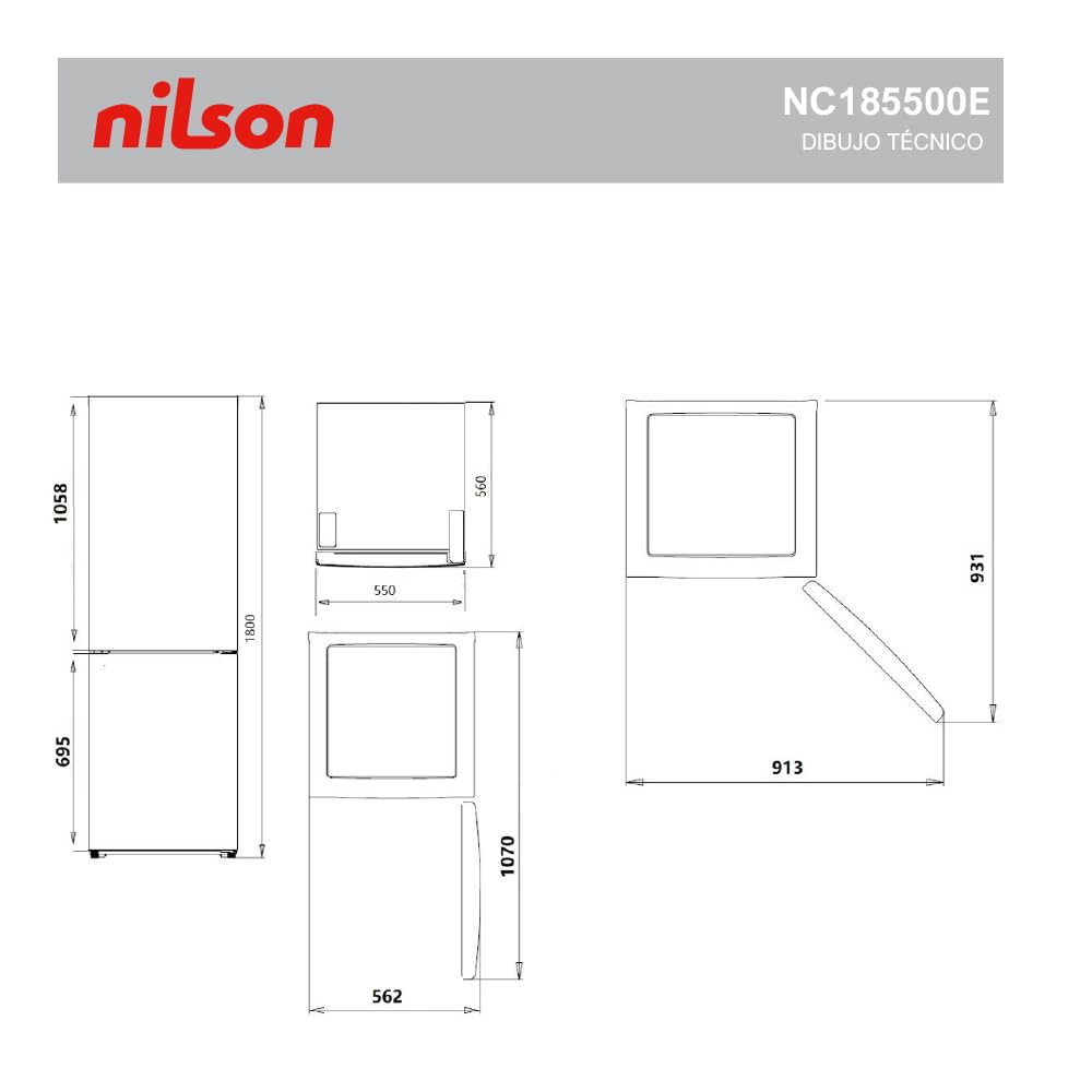 Nilson Frigorífico Combi 2 Puertas Blanco NC185500E. Capacidad 262 L, Puerta Reversible, Bajo Nivel Sonoro, Eficiencia Energética Clase E