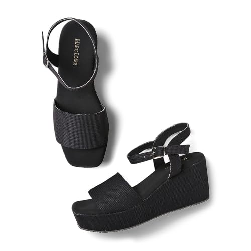 Image of Marc Loire Women's Fashion Square Toe Buckle Straps Wedge Heels