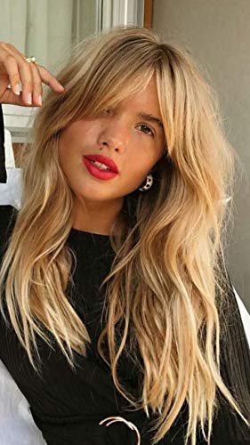 24" Long Wavy Synthetic Wigs with Bangs, Middle Part Mixed Color Red Orange Curly Wigs for Women Colorful Natural Looking Heat Resistant Replacement Wig for Daily and Costume (Red Orange)