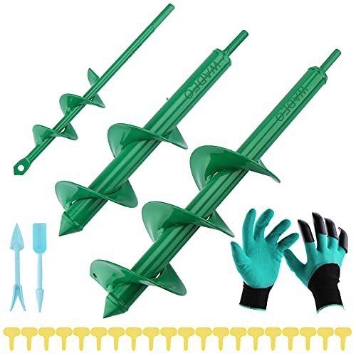 WADEO Auger Drill Bit Set, 3 PCS Spiral Hole Drill Planter, Bulb Auger for Cordless Drill, Dirt Auger With Garden Genie Gloves, 20pcs Plant Label and 2 Shovel