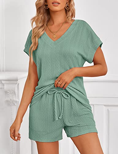 Merokeety Womens Casual 2 Piece Lounge Sets Short Sleeve Cable Knit Pajama Sets Sleepwear, Dustygreen, S #TOP2