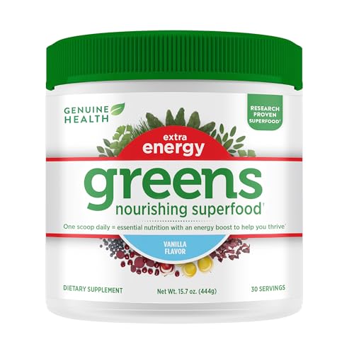 Image of Genuine Health Greens + Extra Energy Superfood Powder, Provides an Immediate Energy Boost & Supports Gut Health, Vanilla Flavoured, 30 Servings