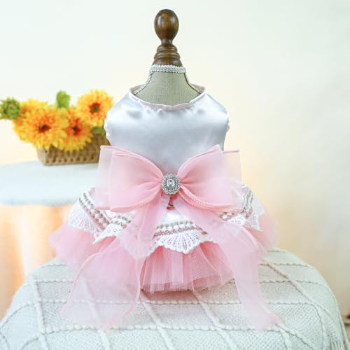 Image of HDKUW Small Dog Dress, Girl Puppy Lace Princess Skirt Tutu Dress with Bowknot,Chihuahua Yorkie Clothes Outfit for Birthday Wedding Party Pink M