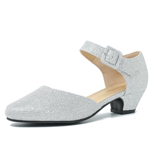 Enelauge Women's Closed Toe Low Block Heels Ankle Buckle Strap D'Orsay Pumps Comfortable Chunky Heel Dress Work Church Shoes