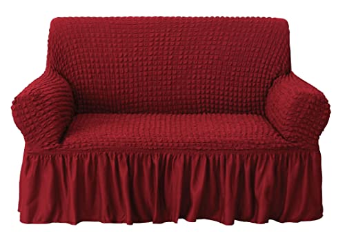 Image of House of Quirk Turkish Bubble Frill 280 GSM Sofa Slipcovers, Durable Washable Universal Double Seater High Elastic Furniture Protector (Maroon, 145-185cm)