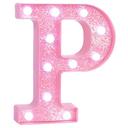 Image of Pink Marquee Light Up Letters, Glitter Alphabet LED Letter Lights for Pink Birthday Party Decorations, Battery Operated Letter Sign for Girls Room Vanity Table Decor, Cool White Lights Letter P