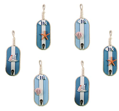 SeaHug Beach Wall Hooks, 6Pcs Decorative Coastal Nautical Hook for Coat Clothes Key Hat Towel Hook,Bathroom Hallway Kitchen Livingroom Bedroom Wall Hanger&Decor-Seashell Starfish Sailboat